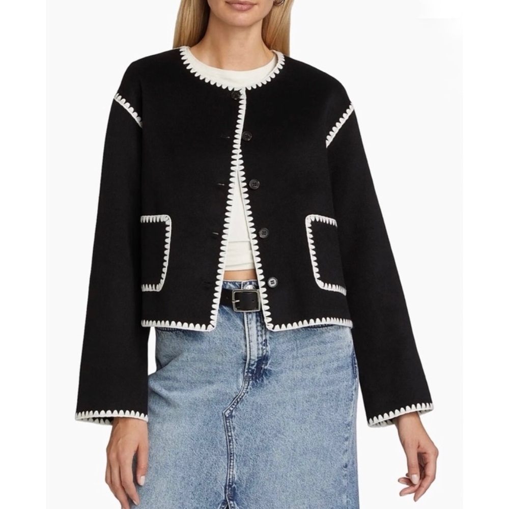 Rails Melanie Crewneck Whipstitch Wool Blend Cardigan Jacket in Black NEW - Picture 3 of 10